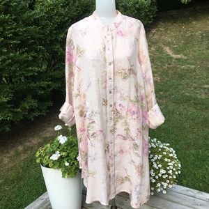Linen Duster Jacket Pink Floral Oversize April Cornell XL
